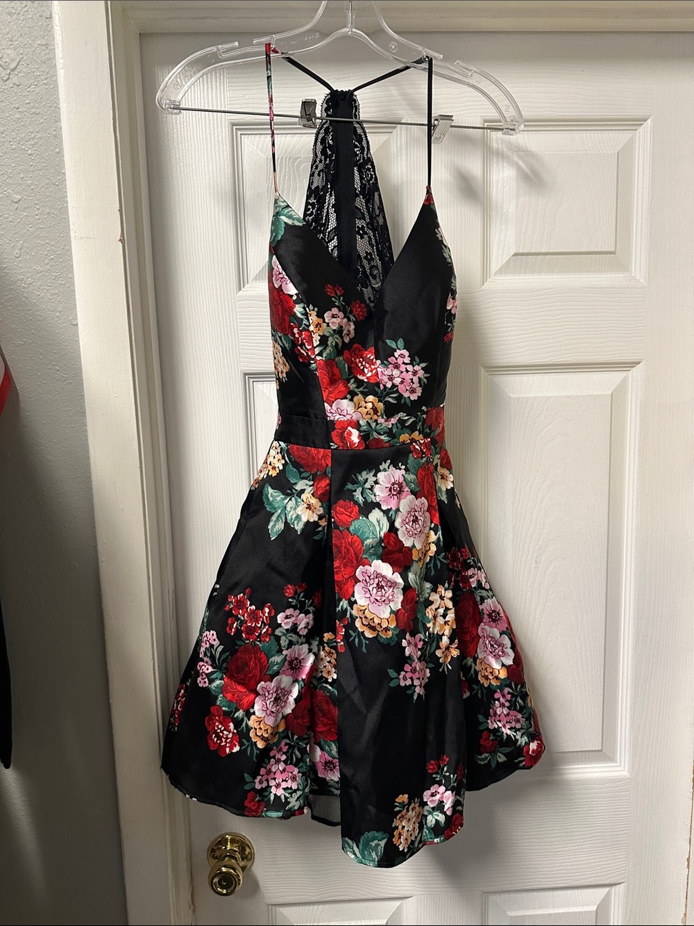 B. Smart Black Floral Mini Dress with Red, Pink & Green Accents